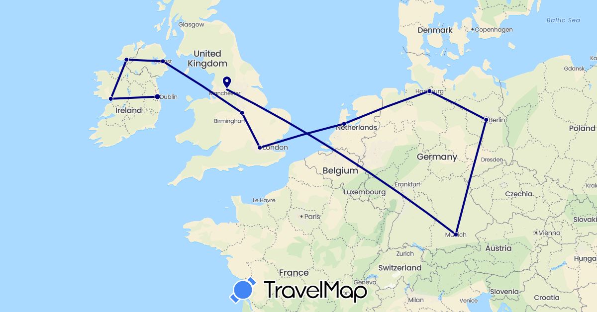TravelMap itinerary: driving in Germany, United Kingdom, Ireland, Netherlands (Europe)